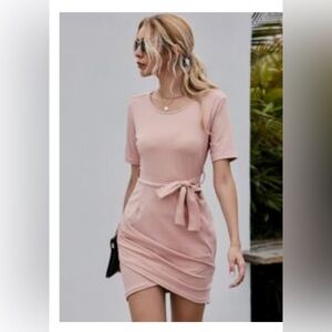 Asymmetrical Hem Belted Fitted Dress